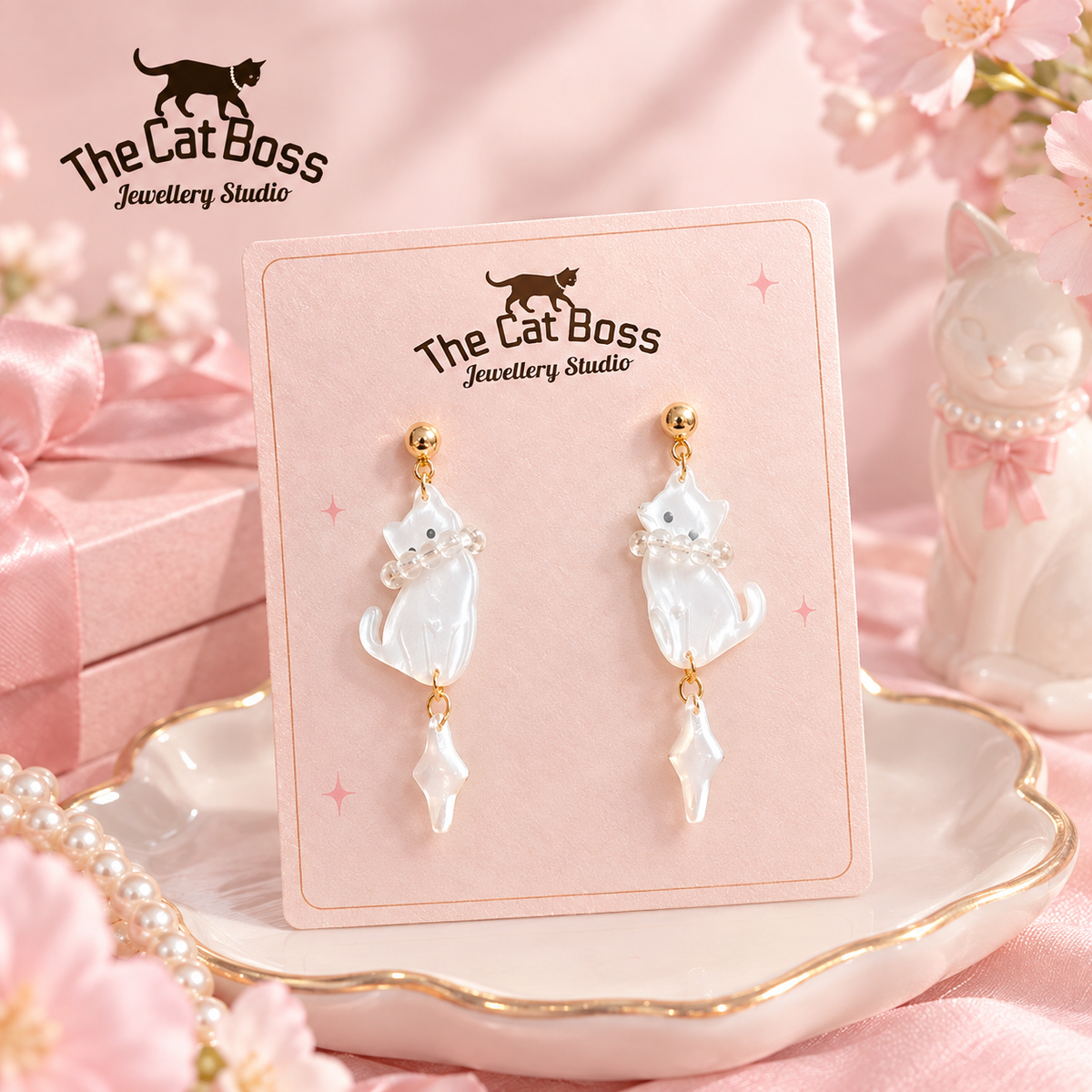 Translucent Cat Drop Earrings, Cute Acrylic-Style Kitty Dangle Earrings, Gold-Plated Statement Jewelry